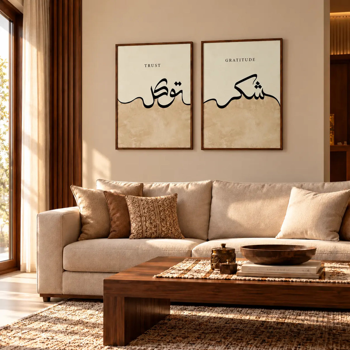Two-piece Islamic wall art set featuring Shukr and Tawakkul Arabic calligraphy in a warm neutral design styled in dinning room