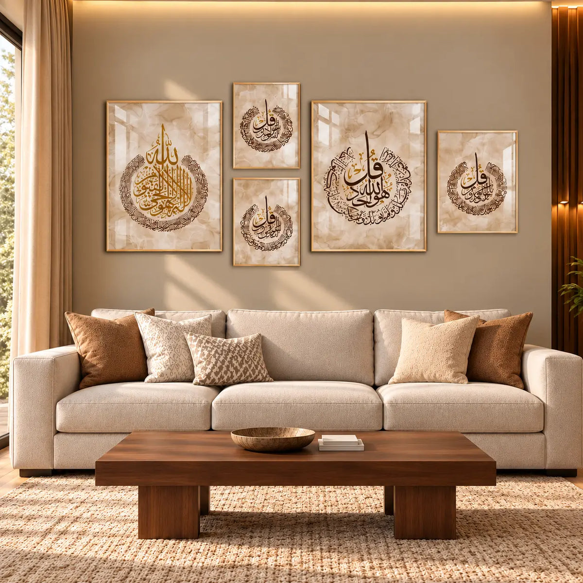 Ayatul Kursi 4 Qul Shareef Islamic wall art set of five framed Arabic calligraphy pieces