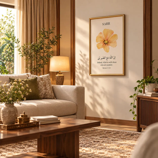 Minimalist Islamic wall art featuring Innallaha Ma'as Sabireen Arabic calligraphy with English translation, Quran 2:153, and soft floral artwork in a gold-toned frame.