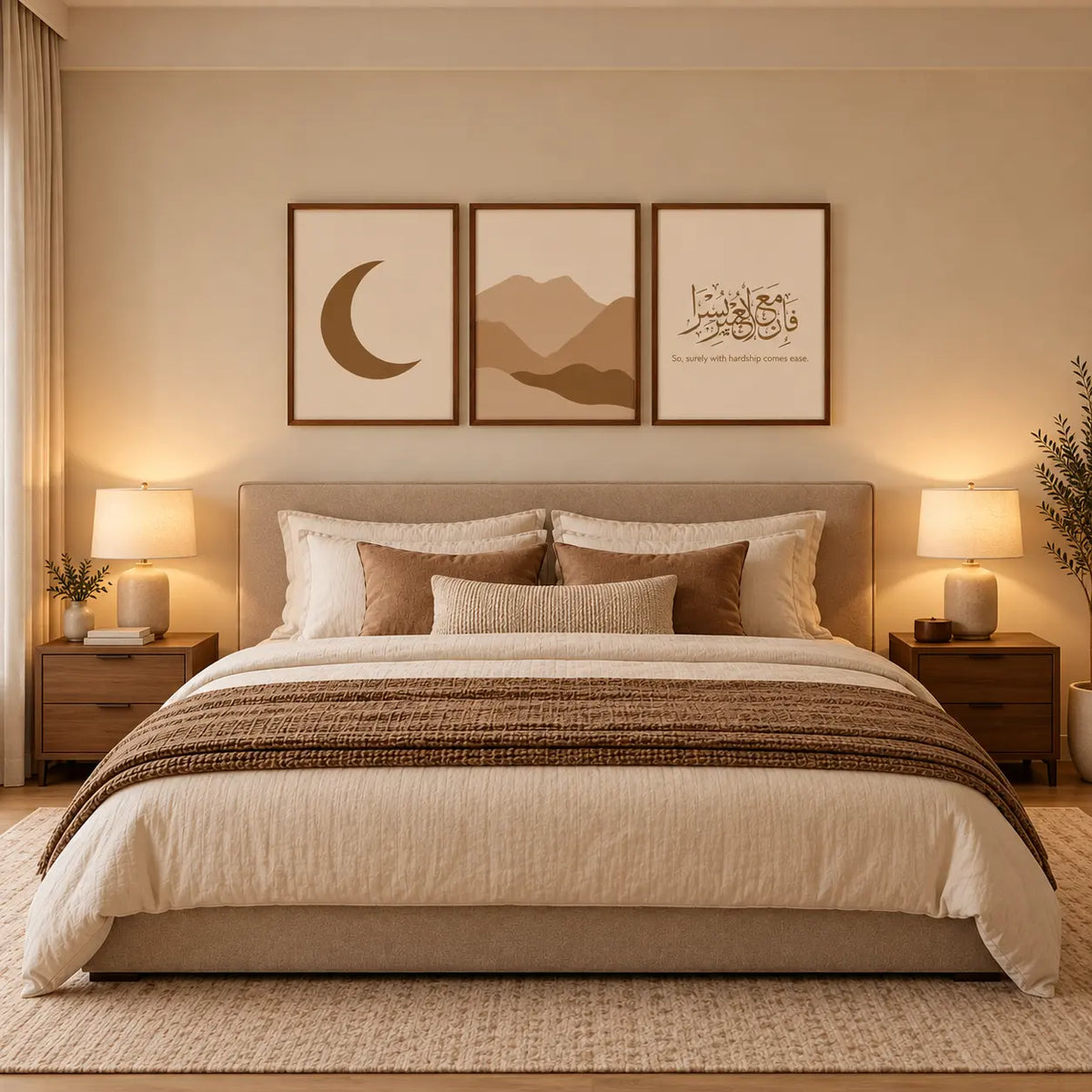 Fa Inna Ma'al Usri Yusra Islamic wall art set of 3 featuring Arabic calligraphy, crescent moon, and desert mountain art in wooden frames by Decorsz Pakistan.