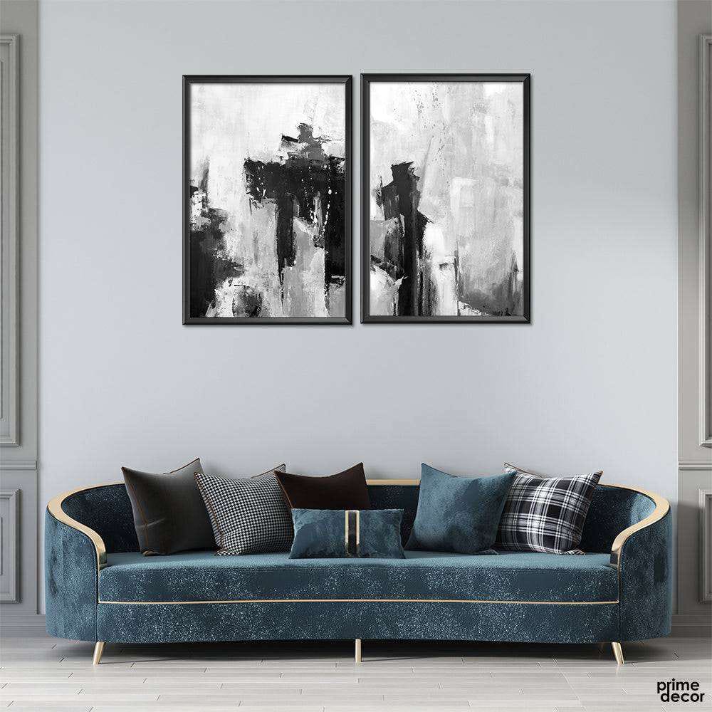 Set of 2 Modern Black and White Abstract Canvas Art - Monochrome  | Wall Decor