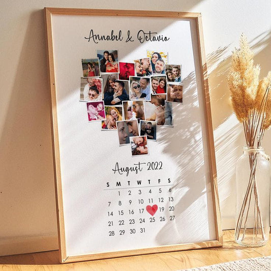Heart Shape Photo Collage Anniversary Frame | Custom Date Calendar Gift for Annabel & Octavia