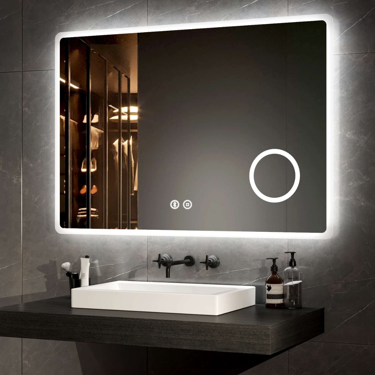 Smart LED Bathroom Mirror – Rectangle Wall-Mounted Vanity Mirror with Front & Backlight, Dimmable Touch Control, Anti-Fog (Optional), and Multi-Light Color Modes for Makeup & Shaving