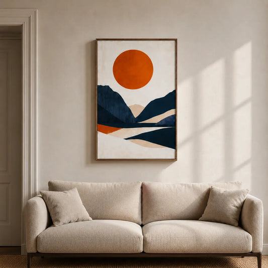 Abstract art landscape featuring modern mountains and sunset wall art for contemporary living room décor.