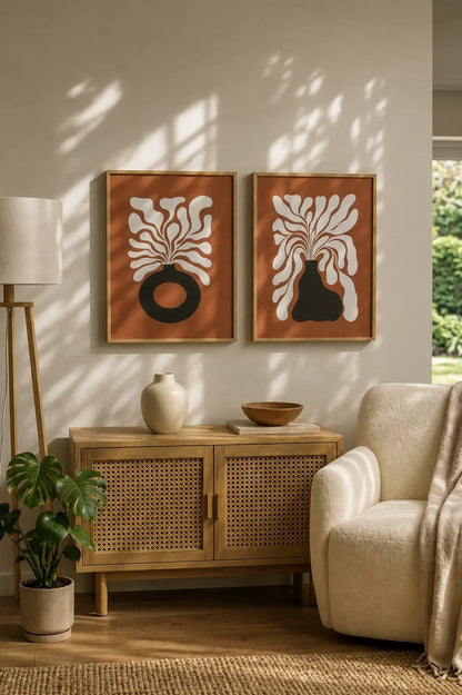 Abstract flower wall art set of 2 featuring terracotta floral designs and black vase forms in wooden frames by Decorsz Pakista