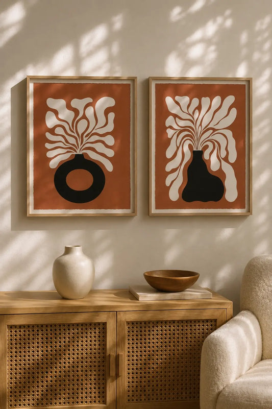 Abstract flower wall art set of 2 with terracotta floral designs and black vase forms