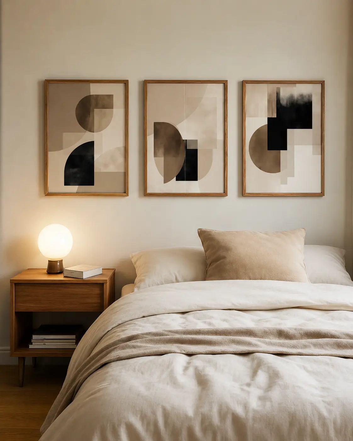 Abstract geometric wall art set of 3 featuring modern black and beige shapes in wooden frames above a bedroom headboard by Decorsz Pakistan.