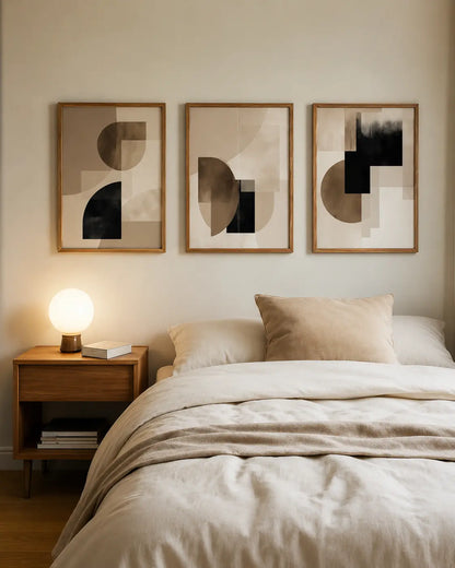 Abstract geometric wall art set of 3 featuring modern black and beige shapes in wooden frames above a bedroom headboard by Decorsz Pakistan.