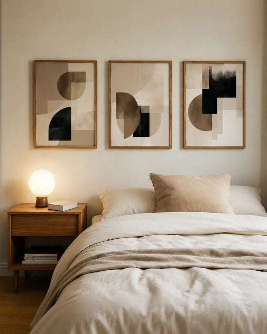 Abstract geometric wall art set of 3 featuring modern black and beige shapes in wooden frames above a bedroom headboard by Decorsz Pakistan.