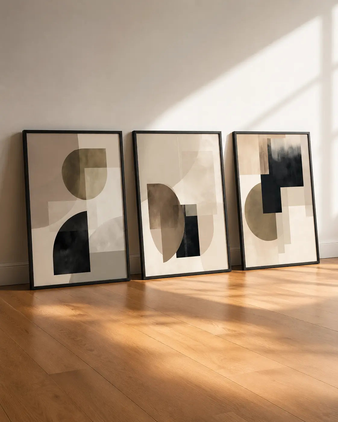 Three-piece abstract geometric wall art featuring black, beige and neutral geometric shapes in wooden frames styled above a modern bedroom bed.