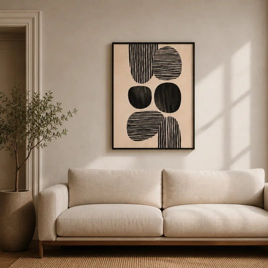 Abstract Wall Art Black and White featuring geometric circles and abstract art lines as modern wall art for contemporary living room interiors.
