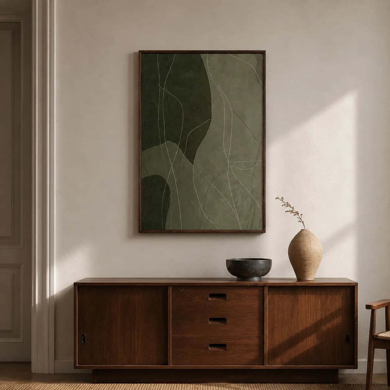 Abstract Wall Art Green featuring layered organic abstract shapes and flowing lines as modern wall decor hanging for contemporary living room interiors.