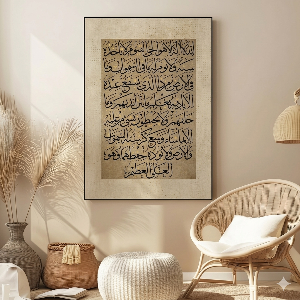 Ayatul Kursi calligraphy wall art with complete Arabic script in a warm neutral frame