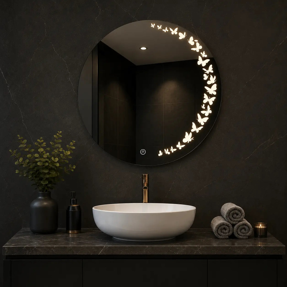 Round bathroom mirror with decorative butterfly LED illumination for modern vanity spaces