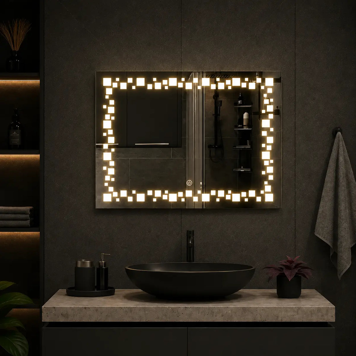 Frameless bathroom mirror with modern block LED design above a contemporary bathroom vanity