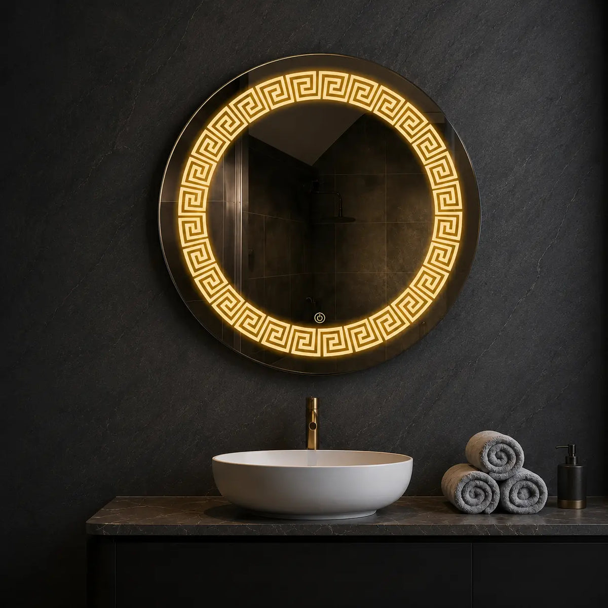 Luxury round LED bathroom mirror with geometric illuminated border design for modern vanity spaces