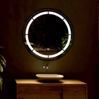 bathroom led mirror mounted above vanity sink with circular led lighting