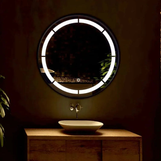 bathroom led mirror mounted above vanity sink with circular led lighting