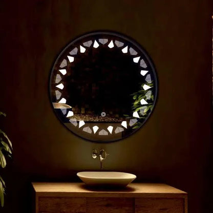 bathroom light mirror with decorative circular led frame above sink