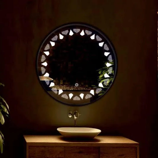 bathroom light mirror with decorative circular led frame above sink