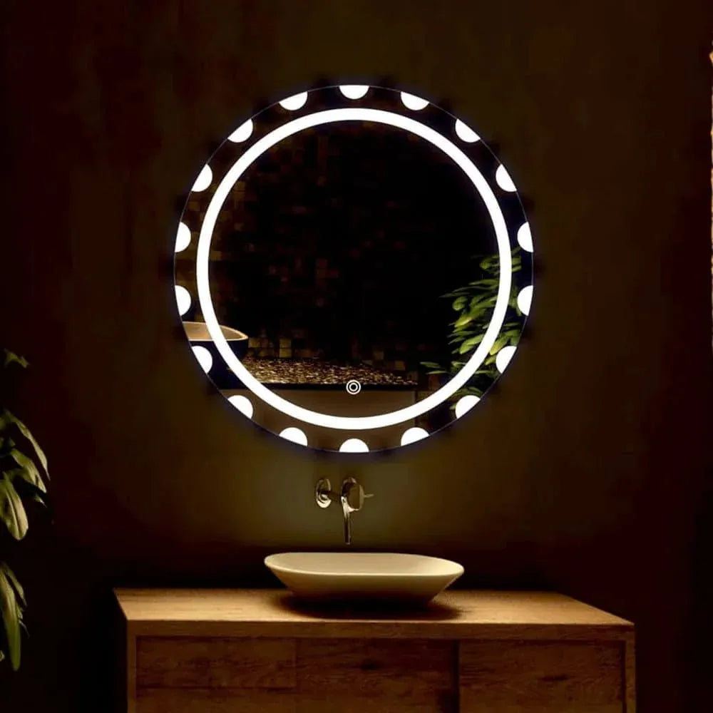 bathroom mirror with a light mounted above vanity sink with circular led frame