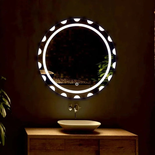 bathroom mirror with a light mounted above vanity sink with circular led frame