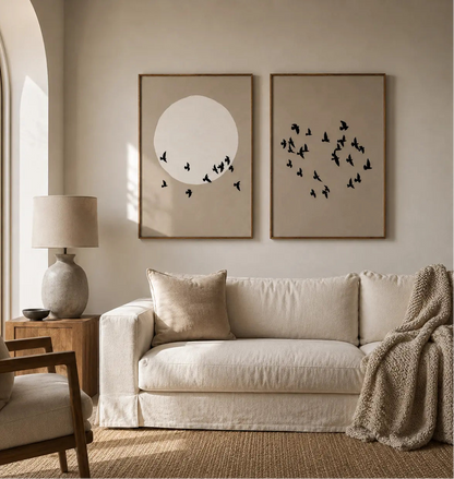 Bird wall art painting set of 2 with minimalist nature-inspired bird designs