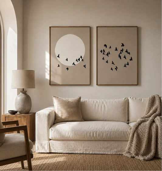 Bird wall art painting set of 2 with minimalist nature-inspired bird designs