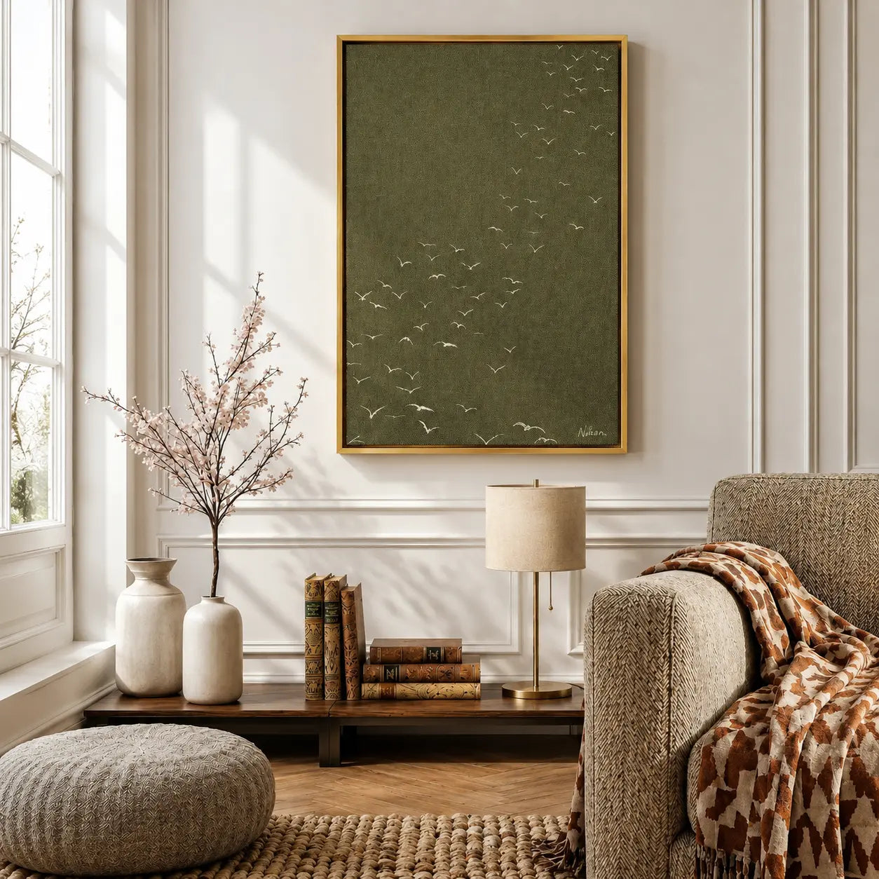 Birds wall art featuring white flying birds on an olive green textured background in a wooden frame by Decorsz Pakistan.