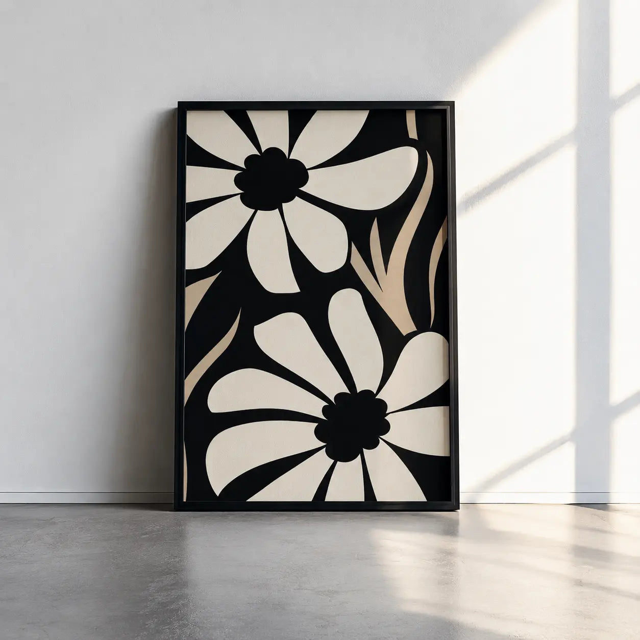 Bold black and white floral wall art with oversized botanical flower forms in a modern framed design for contemporary interiors.