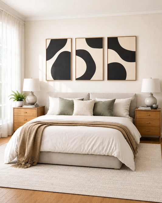 Black and white modern wall art set of 3 with organic abstract shapes and wooden frames