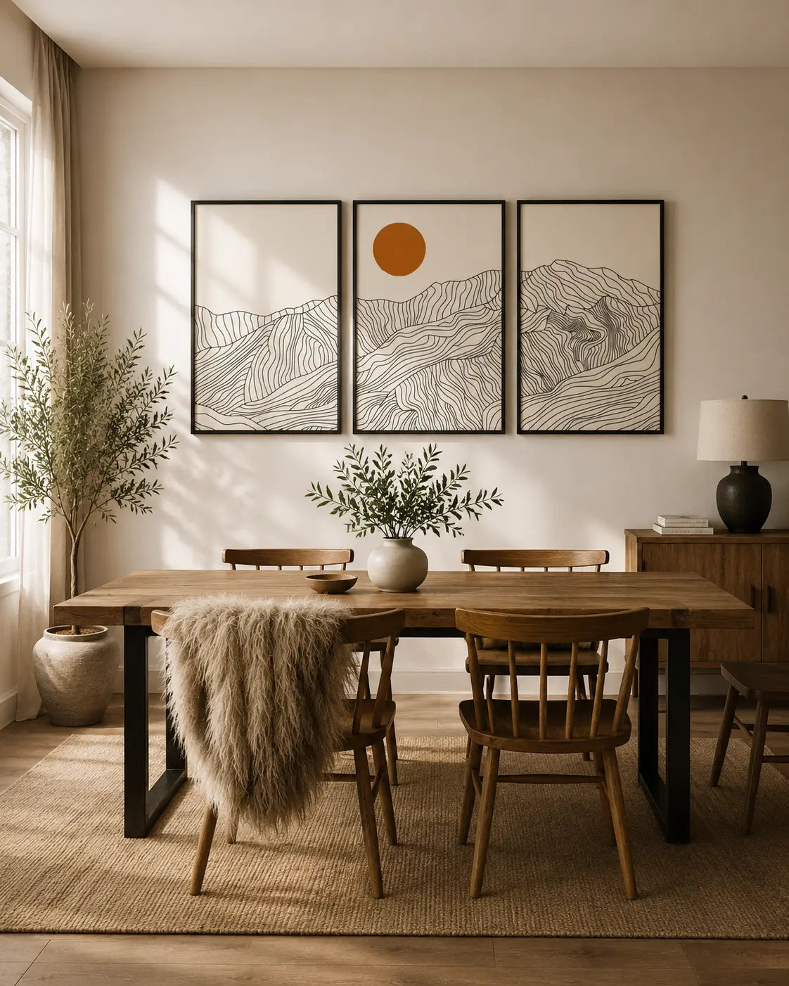 Black and white mountain wall art set of 3 with minimalist line artwork and warm sun accent for modern living room and dining room wall decor by Decorsz Pakistan.