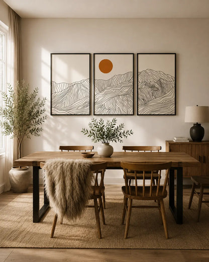 Black and white mountain wall art set of 3 with minimalist line artwork and warm sun accent for modern living room and dining room wall decor by Decorsz Pakistan.