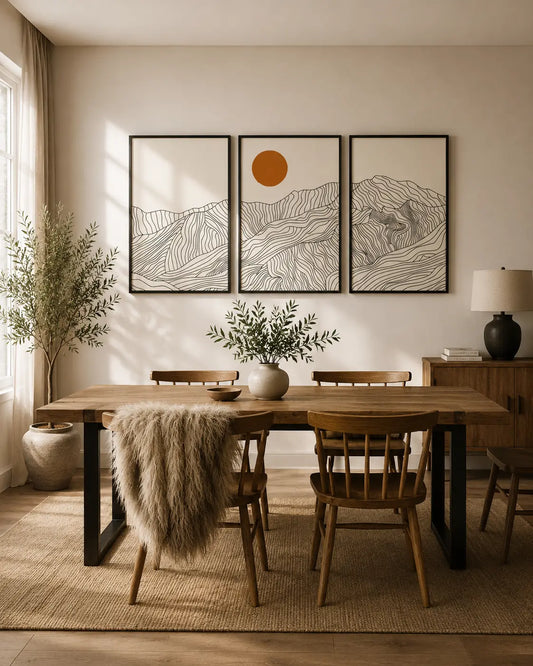 Black and white mountain wall art set of 3 with minimalist line artwork and warm sun accent for modern living room and dining room wall decor by Decorsz Pakistan.