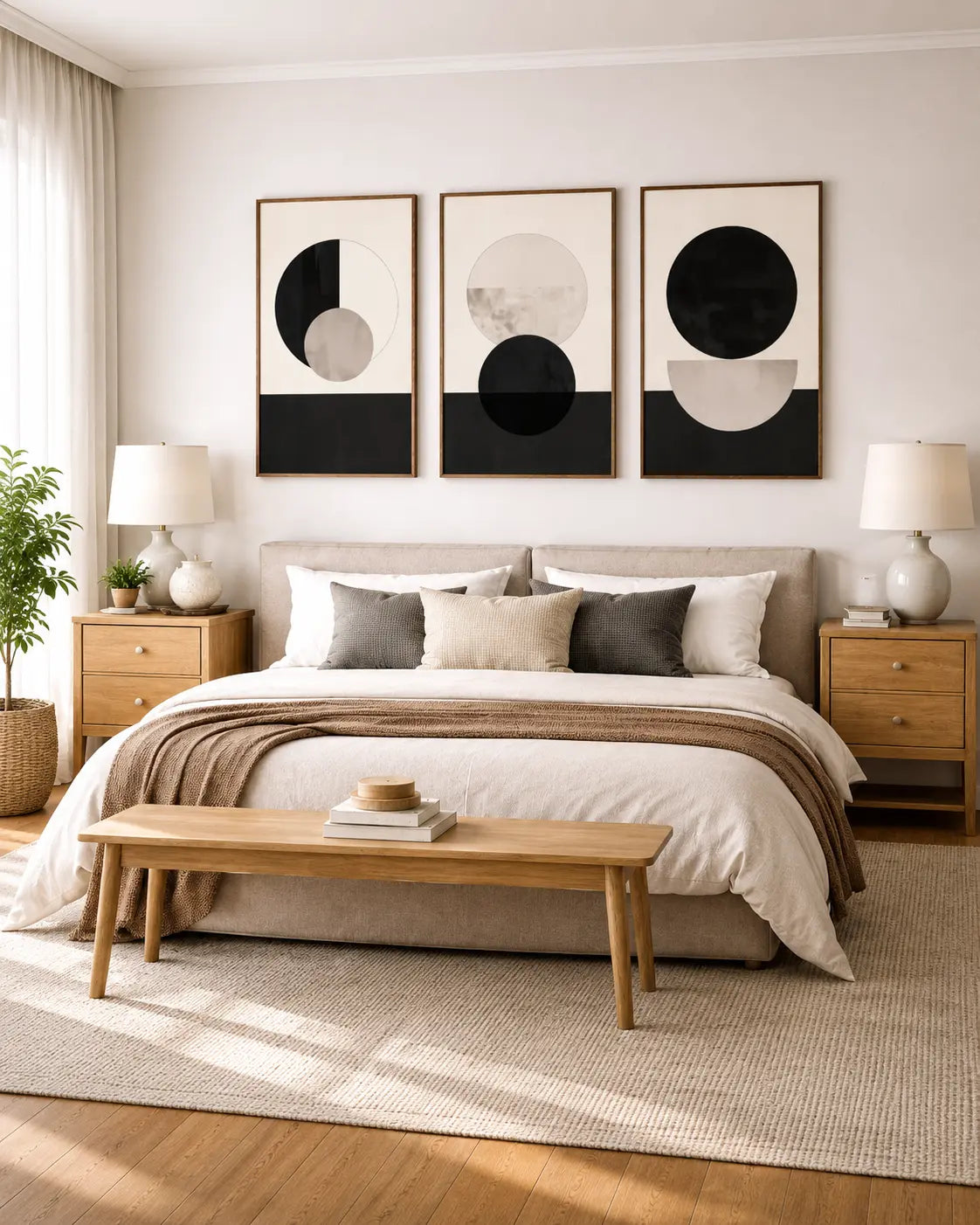 lack and white wall art set of 3 featuring modern monochrome geometric shapes in natural wood frames above a bed console by Decorsz Pakistan.
