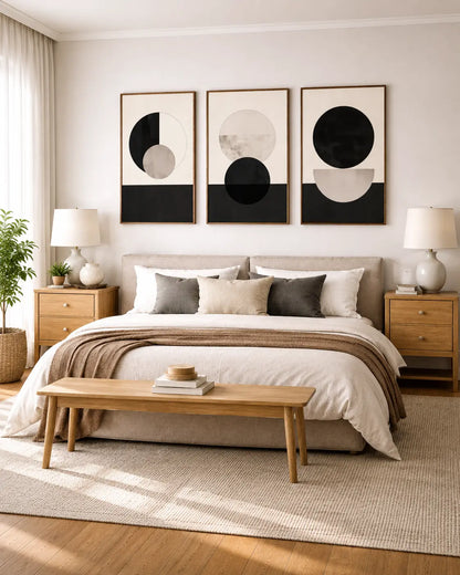 lack and white wall art set of 3 featuring modern monochrome geometric shapes in natural wood frames above a bed console by Decorsz Pakistan.