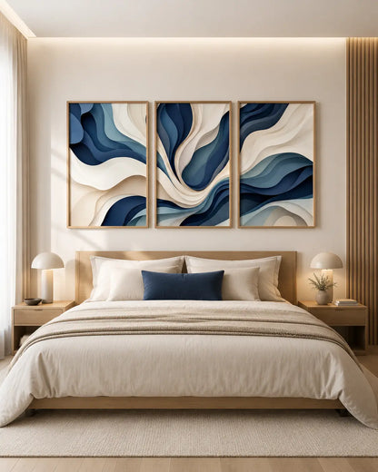 Blue abstract wall art set of 3 with flowing layered artwork in wooden frames