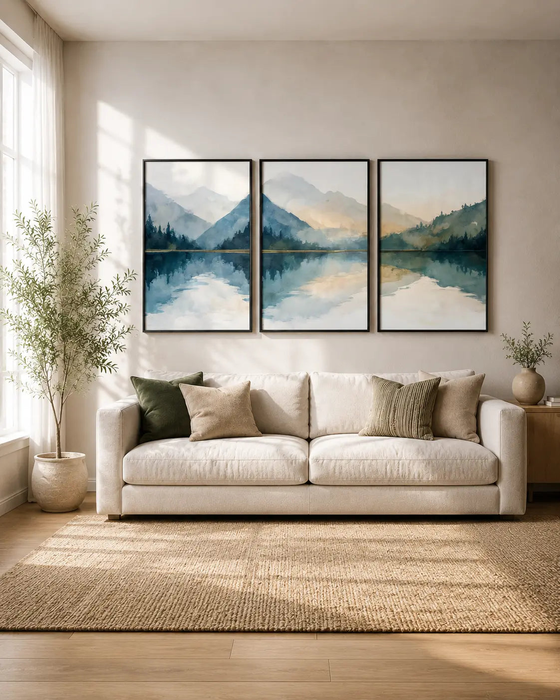 Blue mountain wall art set of 3 featuring scenic lake landscape artwork in natural wooden frames above a living room sofa by Decorsz Pakistan.