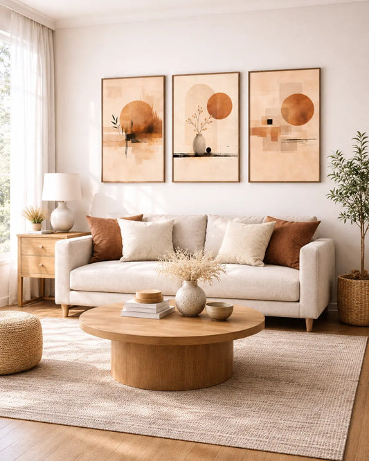 Boho wall art set of 3 featuring warm terracotta suns and botanical abstract shapes in light wood frames above a living room sofa by Decorsz Pakistan.