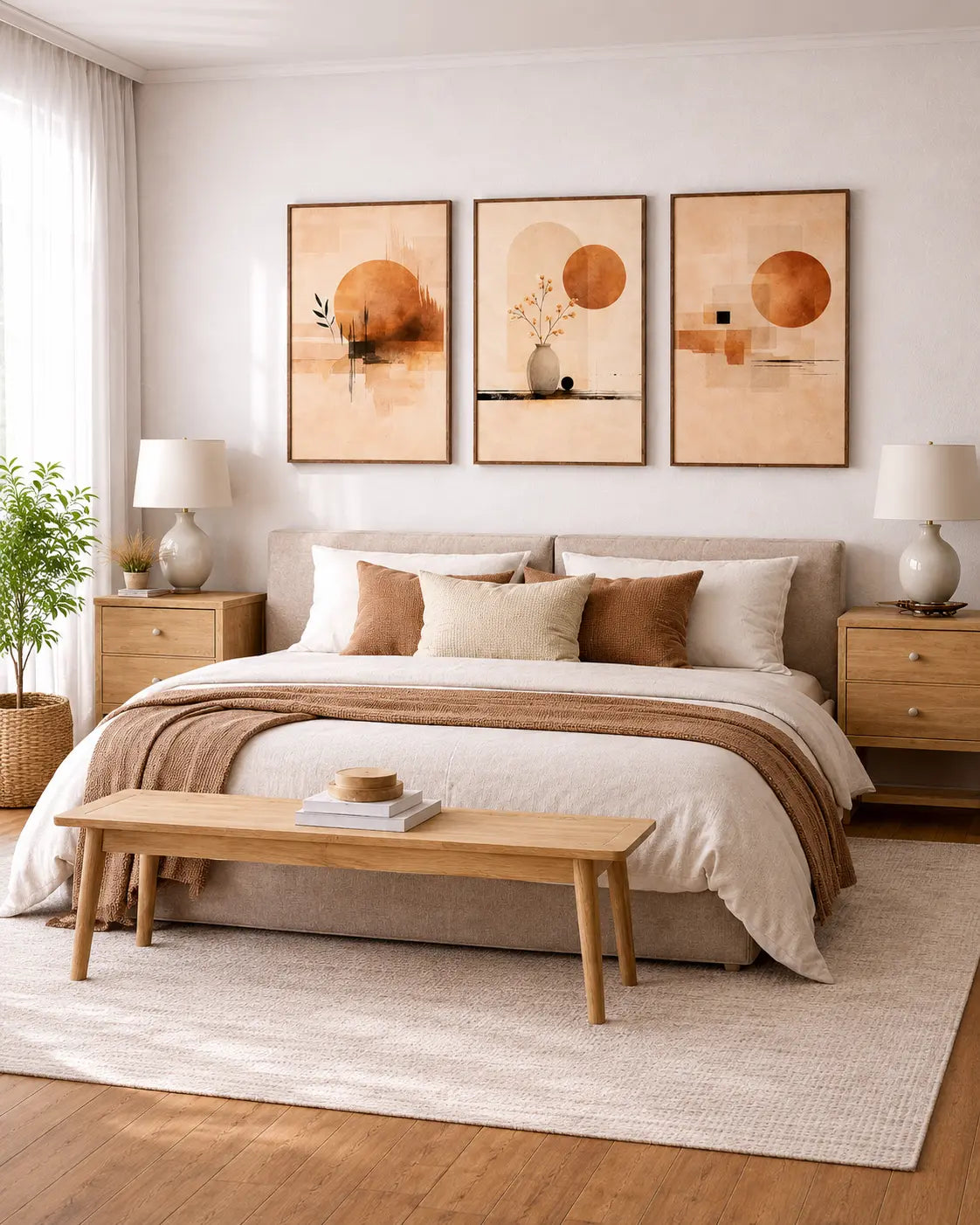 Three coordinated abstract wall art panels featuring warm beige backgrounds, terracotta-toned shapes, botanical details and natural-looking frames styled above a bed in a modern neutral interior.