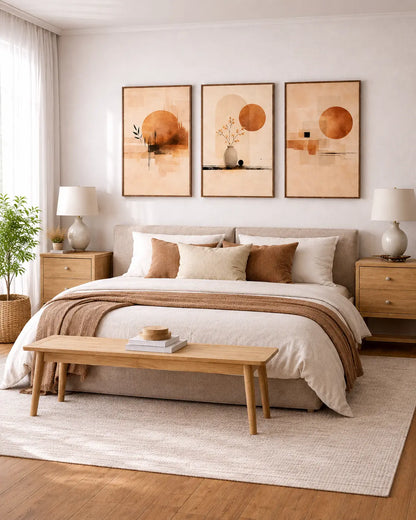 Three coordinated abstract wall art panels featuring warm beige backgrounds, terracotta-toned shapes, botanical details and natural-looking frames styled above a bed in a modern neutral interior.