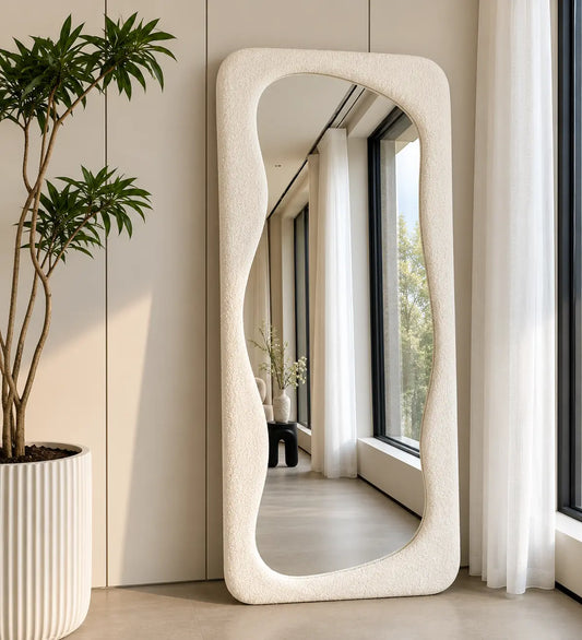 Bouclé floor mirror with soft teddy fabric frame for modern bedroom decor