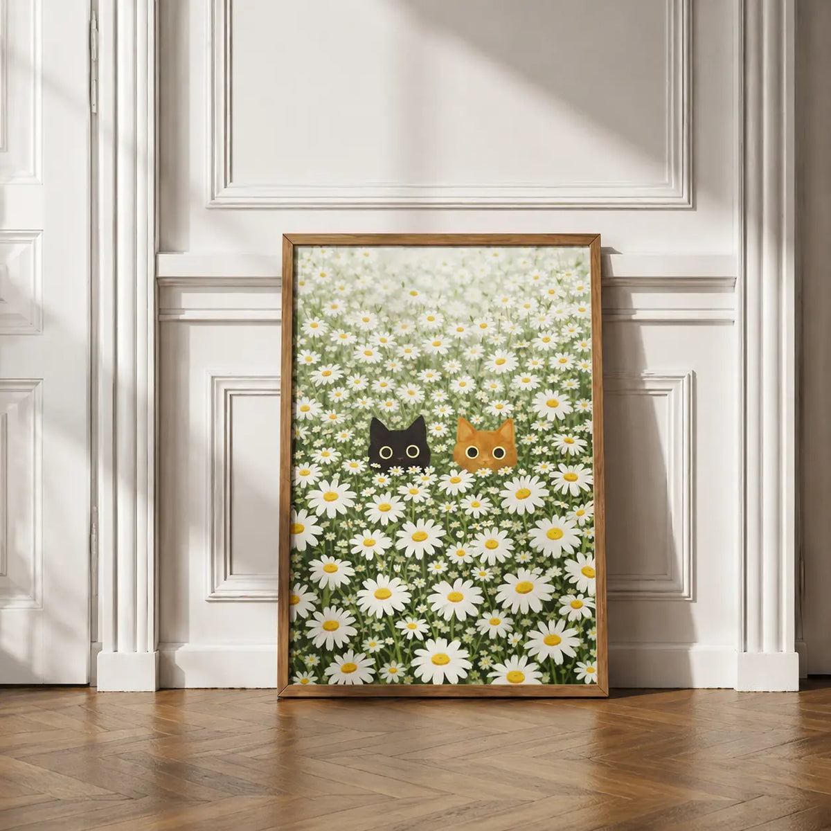 Cat wall art featuring two playful cats peeking through blooming white daisies in a wooden frame by Decorsz Pakistan.