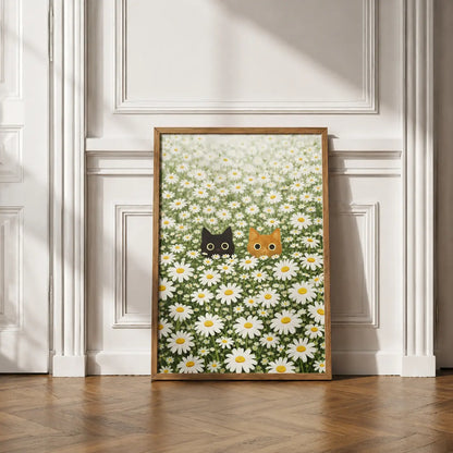 Cat wall art featuring two playful cats peeking through blooming white daisies in a wooden frame by Decorsz Pakistan.