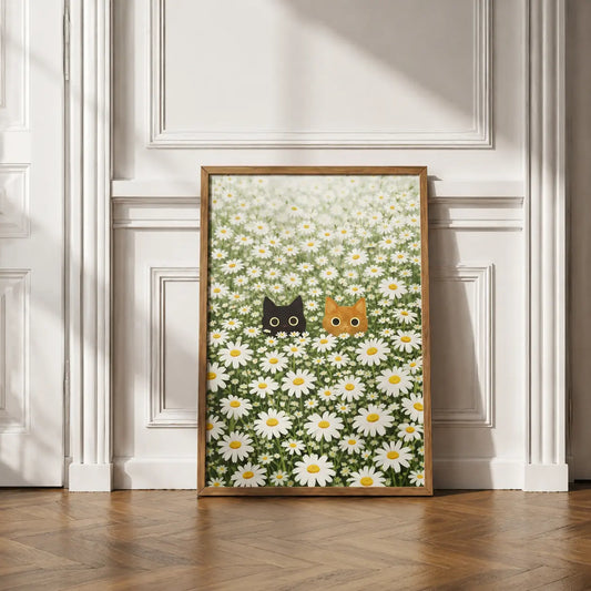 Cat wall art featuring two playful cats peeking through blooming white daisies in a wooden frame by Decorsz Pakistan.
