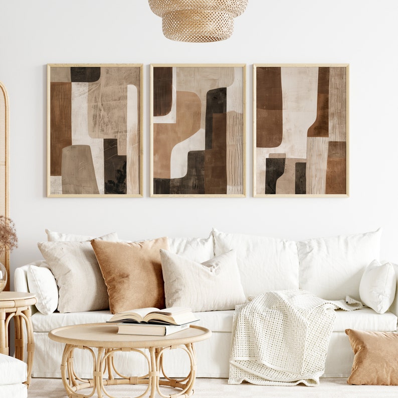 decor wall art with neutral abstract framed panels above sofa wall