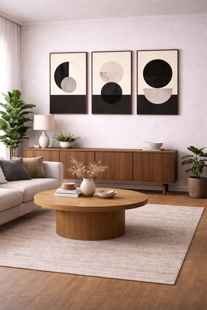 decor wall frames with monochrome abstract prints above console wall