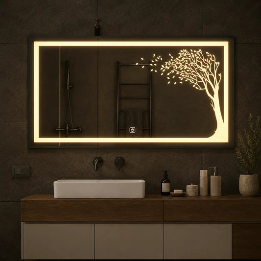 Decorative wall mirror with illuminated LED tree design above a modern bathroom vanity.