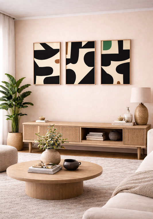 decorative wall art for living room with bold abstract frames above console wall