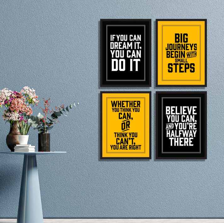 decorative wall hanging motivational quote frames in black and yellow for home office decor